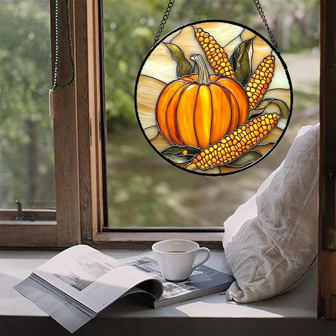 Stained Glass Window Hanging Autumn Harvest Pumpkin Corn 7.8" - Suncatcher Door Garden Kitchen Sunroom Sun Catcher Fall Home Decor Birthday for Mom Grandma Men Woman