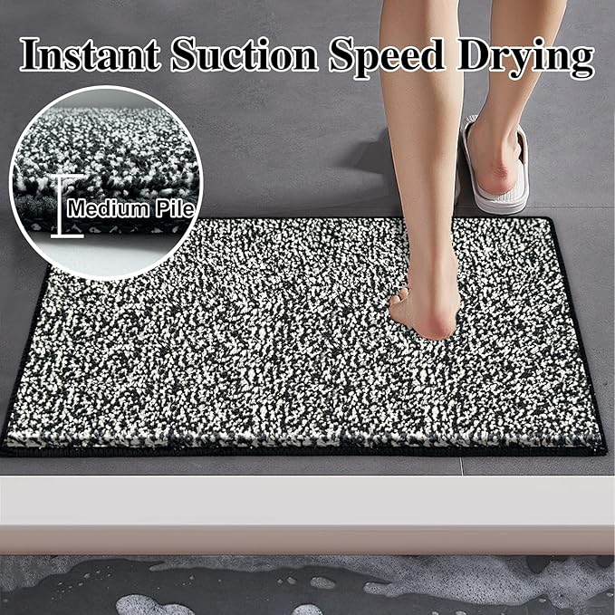 HDFK Bathroom Rugs | Non Slip Washable Bath Mats 24x16 Inches 2 Tone Plush Chenille Medium Pile Floor Mat | Ultra Absorbent Shower Rug | Black and White Stain Hiding for Wet Dry Transition Zone