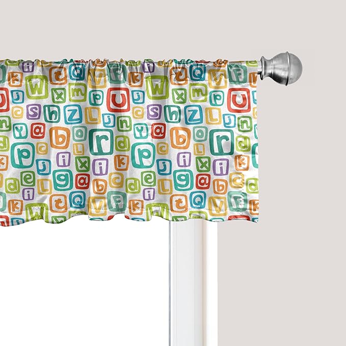 Ambesonne Alphabet Window Valance, Learning English Themed Irregular Colorful Letters in Squares, Curtain Valance for Kitchen Bedroom Decor with Rod Pocket, 54" X 18", Turquoise