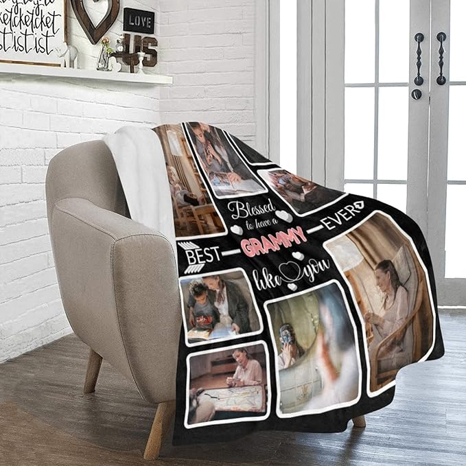 Custom Blanket Gifts for Grammy, Customized Blankets with Photos, Make a Personalized Bed Throws to My Grammy, Custom Souvenir Throw Blanket for Best Grammy Ever, 8 Collages Made in USA