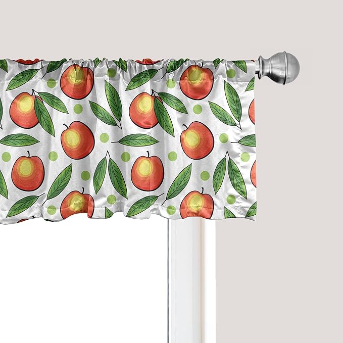Ambesonne Fruits Window Valance Pack of 2, Repeated Peaches with Leaves and Polka Dots on Plain Background, Rod Pocket Curtain Valances for Kitchen Bedroom, 54" X 12", White Vermilion and Fern Green