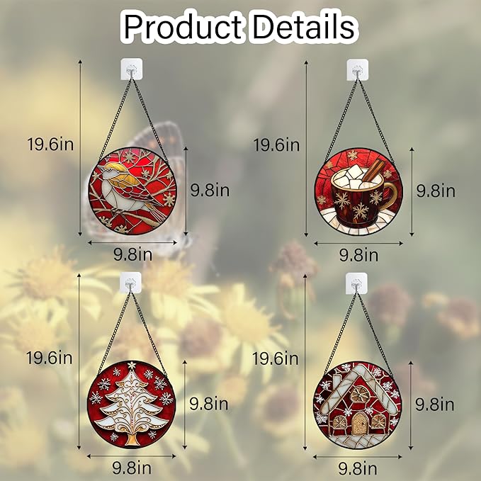 Stained Glass Window Hanging 4 Pcs Set Red Christmas Themed Decorations 9.8" - Suncatcher Door Garden Sun Catcher Decor Birthday New Year for Mom Woman Nana Men