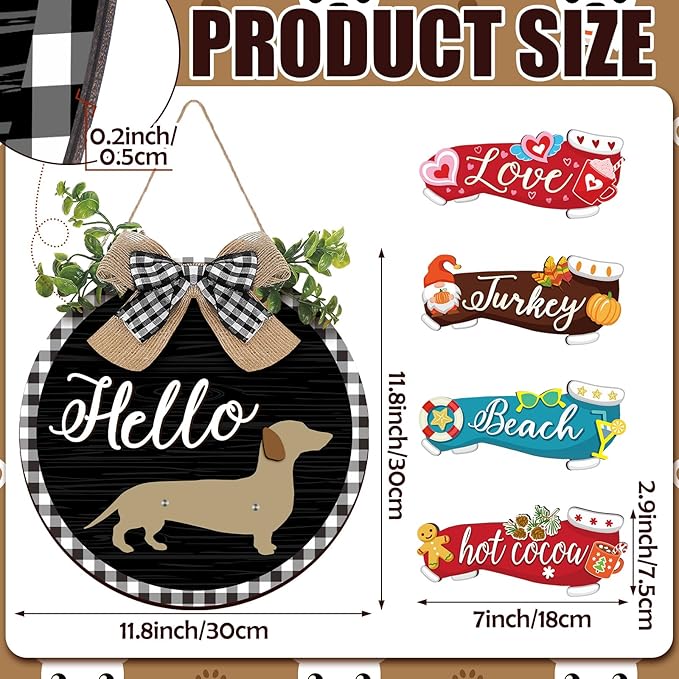 Glenmal 16 Pcs Seasonal Dachshund Door Decor for All Season and Holiday Hanging Cute Christmas Dachshund Welcome Sign Rustic Wooden Farmhouse Front Door Signs Outdoor(Black with Plaid Frame)