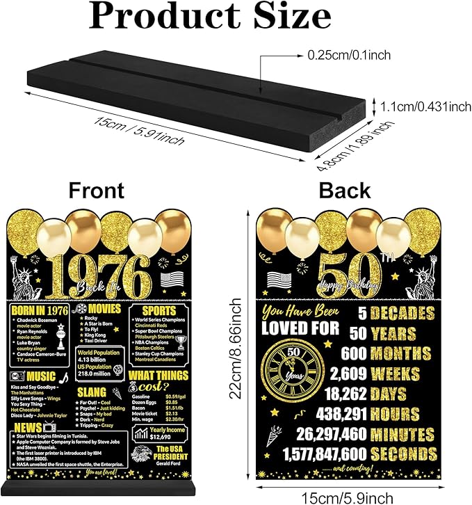 Black Gold 50th Birthday Decorations for Men Women, Two-Sided Vintage 50 Back in 1976 Theme Poster Wooden Table Sign with Stand, Fifty Years Old Bday Centerpieces Display Holder for Table Decor