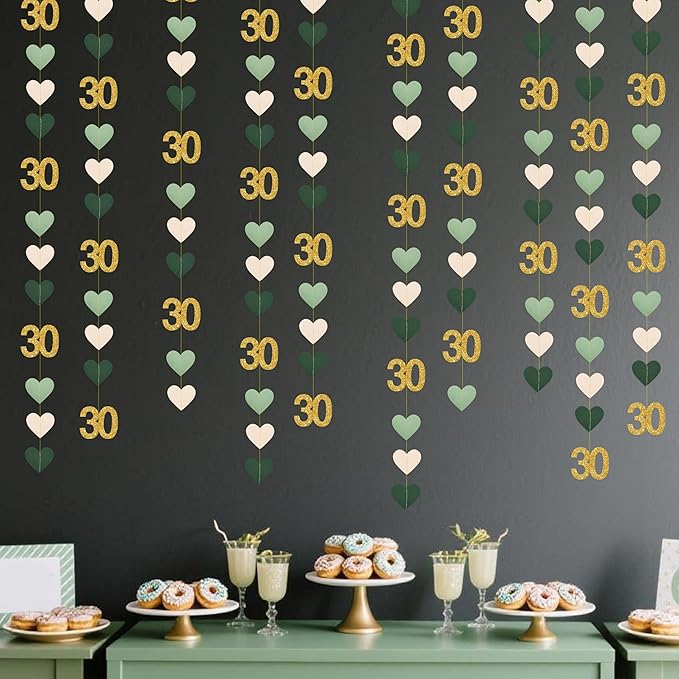 Sage Green Gold 30th Birthday Decorations Sage Green Gold Heart Garland Streamer Banner Backdrop for Women Happy 30th Birthday Dirty Thirty Cheers to 30 Years Old Fabulous Anniversary Party Supplies