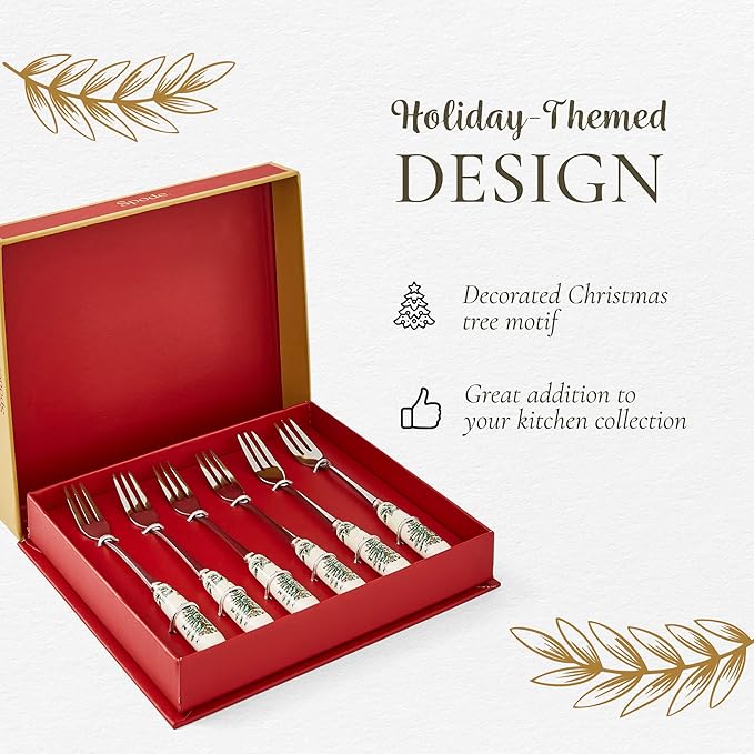 Spode Christmas Tree Pastry Forks (Set of 6), Stainless Steel Forks with Porcelain Handles for Holiday Meals, 6-Inch Festive Christmas Flatware - Seasonal Tableware & Silverware Gift Set