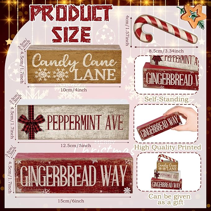 4 Pcs Christmas Table Decor Wooden Candy Cane Decoration Christmas Centerpiece Winter Tiered Tray Decor Red and White Stripes Candy Cane Block Signs Gift Farmhouse Xmas Decoration for Kitchen