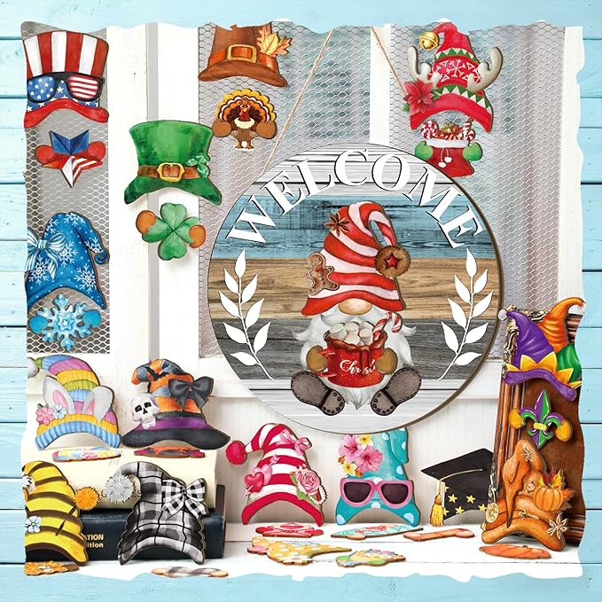 Qunclay Interchangeable Wooden Gnome Decor Holiday Seasonal Gnome Decorations with Magnet Pieces and Detachable Hats Changeable Welcome Sign for Home(Watercolor)