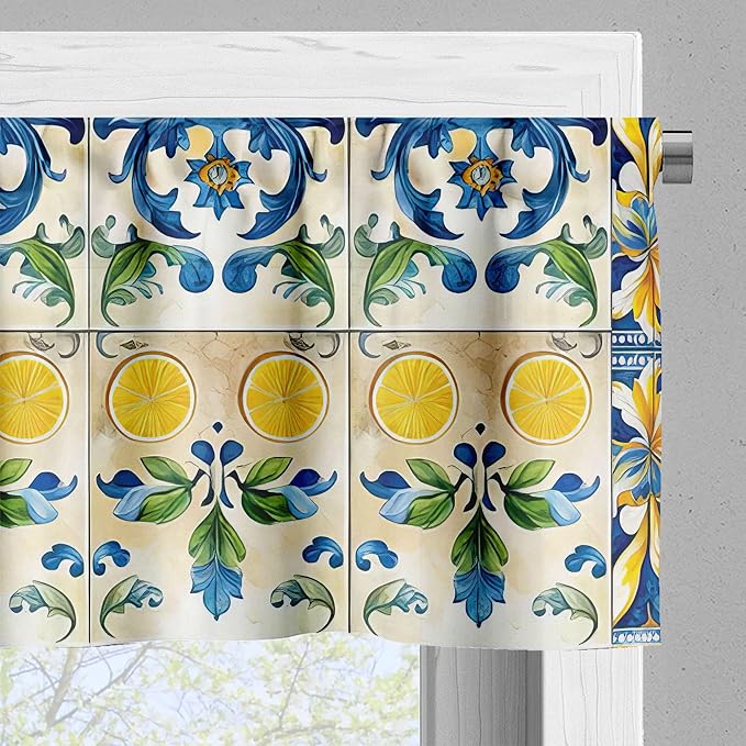 Ambesonne Mediterranean Window Valance Pack of 2, Checkered Abstract Modern Curlicue Leaves and Lemons Art Oriental, Rod Pocket Curtain Valances Kitchen Bedroom, 54" X 12",Blue Yellow and Green