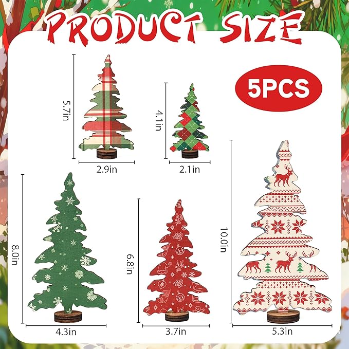 5 Pcs Wooden Christmas Tree Tabletop Decorations, Small Christmas Tree Set for Table Mantel Shelf Office Decor, Xmas Tiered Tray Decor, Xmas Tabletop Decoration