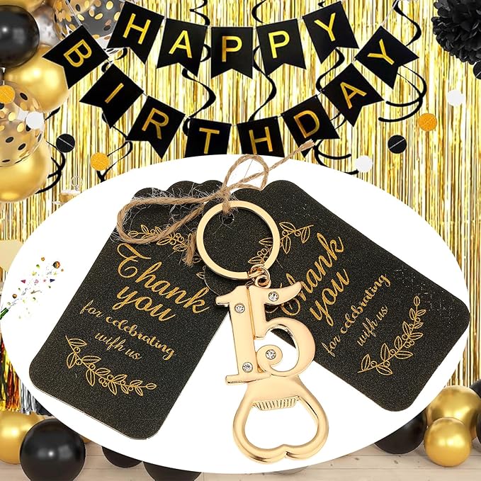 24 pcs 15th Gold Keychain Bottle Opener Birthday Party Favors for Guests,15th Beer Bottle Opener Favors Bulk for 15 Birthday Anniversary Souvenirs Party Decor Supplies (Gold 15th)
