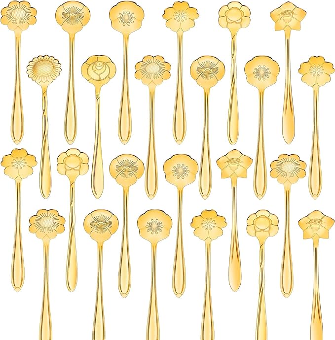 EBOOT 24 Pcs Gold Flower Teaspoon Stainless Steel Party Spoons Mini Cute Teaspoon for Stirring Coffee Sugar Drink Demitasse Kitchen Cafe Bar Tableware Party Favors Decorations