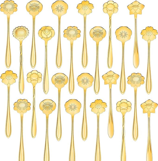 EBOOT 24 Pcs Gold Flower Teaspoon Stainless Steel Party Spoons Mini Cute Teaspoon for Stirring Coffee Sugar Drink Demitasse Kitchen Cafe Bar Tableware Party Favors Decorations
