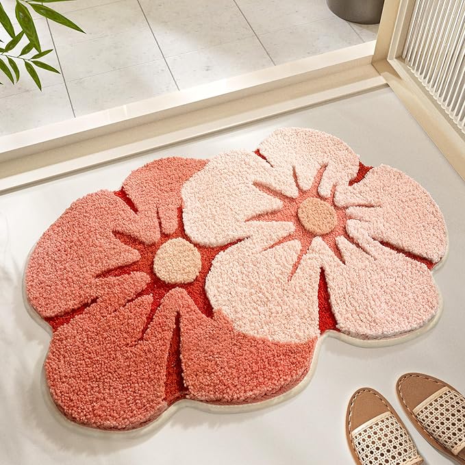Ankah Shower Rug Bath Mat Forest Series Cartoon Design Bathroom Rug, Fluffy, Soft, Non-Slip, Durable, Absorbent Bath Rug, Irregular Plant Shaped Door Mat and Carpet, 19.7" x 31.5", Peach Blossom