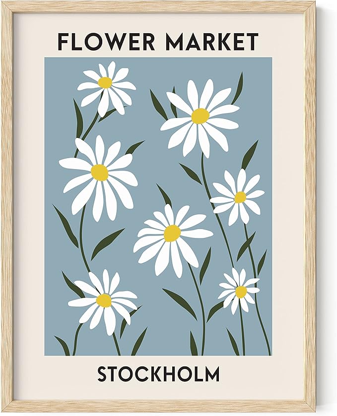 HAUS AND HUES Flower Market Print, Danish Pastel Wall Decor, Flower Market Posters, Spring Art Paintings, Danish Pastel Wall Decor, Blue Posters and Prints (Beige Frame, 12x16)