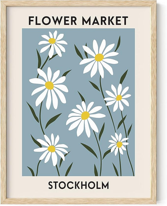 HAUS AND HUES Flower Market Print, Danish Pastel Wall Decor, Flower Market Posters, Spring Art Paintings, Danish Pastel Wall Decor, Blue Posters and Prints (Beige Frame, 12x16)