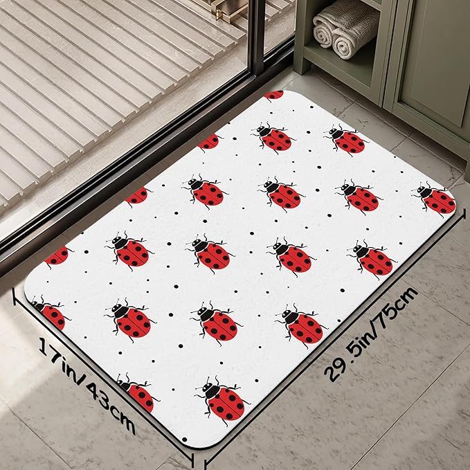 Cute Red Ladybugs Bathroom Rug 29.5"x17", Super Absorbent Fast Drying Bath Mat with Non-Slip Rubber Backing, Thin Low-Profile Easy-Clean Bathroom Floor Mat for Shower or Tub