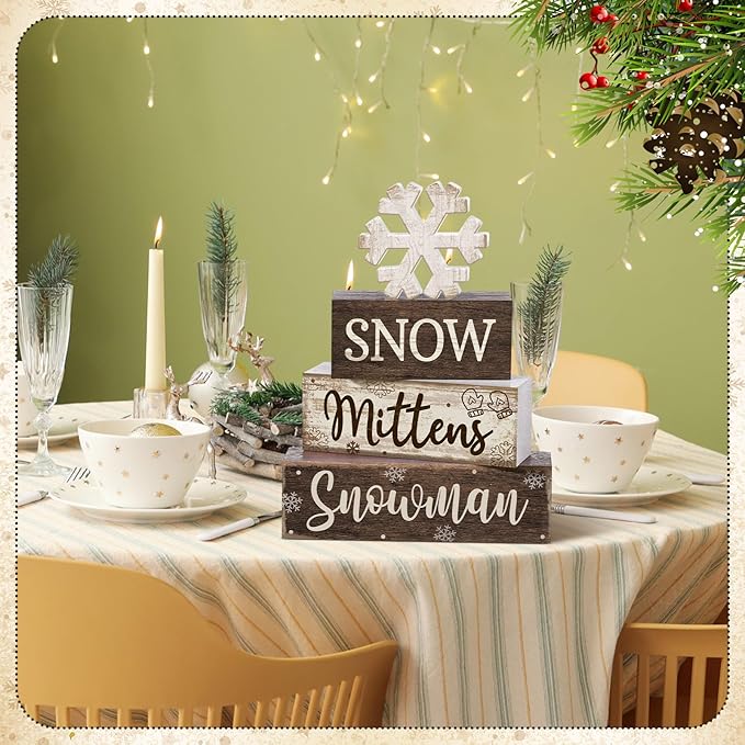 4 Pcs Winter Table Decorations Wooden Snowflake Decor Christmas Tiered Tray Decor Rustic Decorative Snowflake Block Sign Gift Winter Table Centerpiece for Wonderland Party Home Kitchen