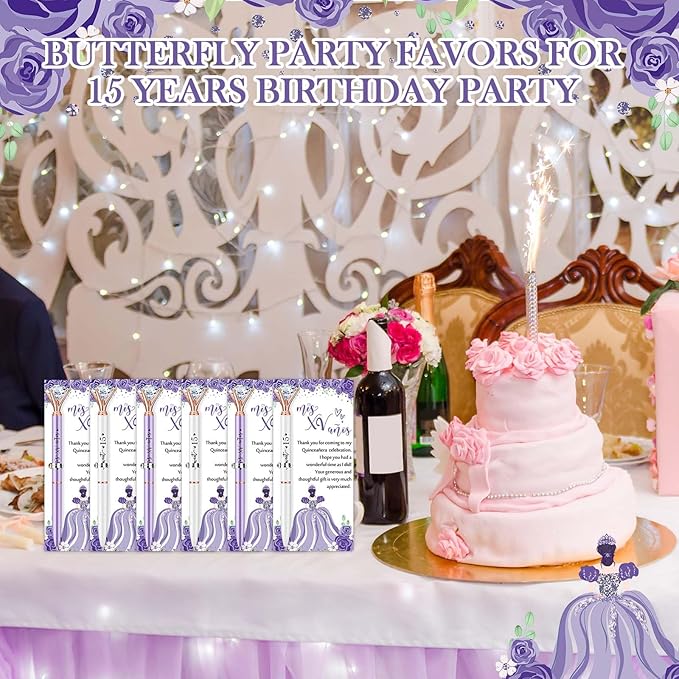 25 Set Quinceanera Party Favors for Guest Sweet 15 Diamond Pens Bulk Mis XV Años Fancy Ballpoint Pen with Thank You Cards and Ties 15th Birthday Thank You Gifts(White, Purple)