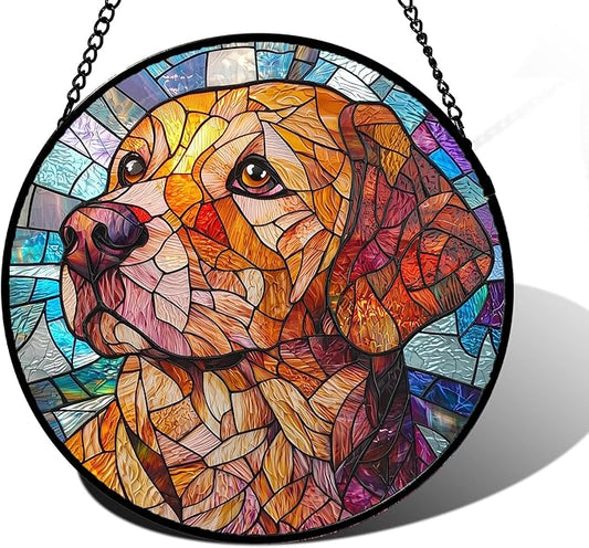 Stained Glass Window Hanging, Cute Dog Abstract Sun Catchers Colorful Glass Panel Texture Suncatcher Decor for Birthday for Women, Men, Wife, Aunt, and Mom 11.8x11.8 in