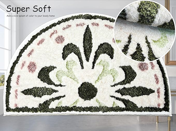 Washable Cute Bath Mat for Bathroom,31x20 Half Circle Non-Slip Small Bath Rugs, Absorbent Quick Dry Bath Mats, Plush Carpet for Bathtub, Boho Farmhouse Decor (Green Flower)