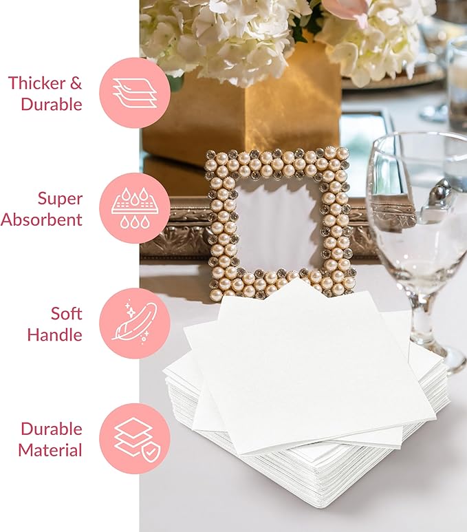 Prestee Linen Feel Guest Towels - Paper Hand Towels - Cocktail Napkins - 5inch Folded / 9.5inch Unfolded - 200 count - Soft and Absorbent Disposable Napkins for Parties and Events - White