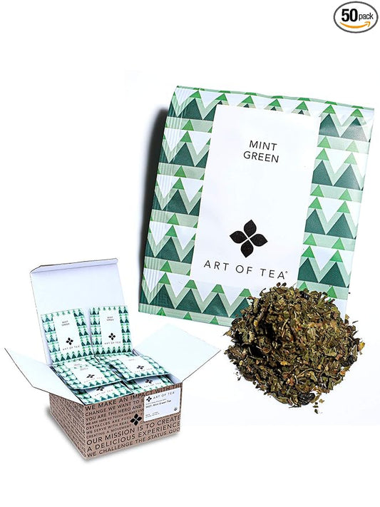 Art of Tea | Organic Mint Green Tea | 50 Count Pyramid Tea Bag Sachets | Spearmint Tea | Organic Peppermint Tea bags