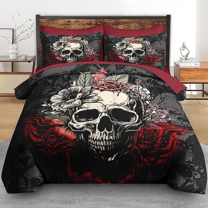 Comforter Set King Size, Rose Vintage 7 Pcs Bedding for Adults, Rock Roll Bone Death Bed Sheet Sets with Fitted Sheet 2 Pillowcases & 2 Shams for Bedroom Bed Decor