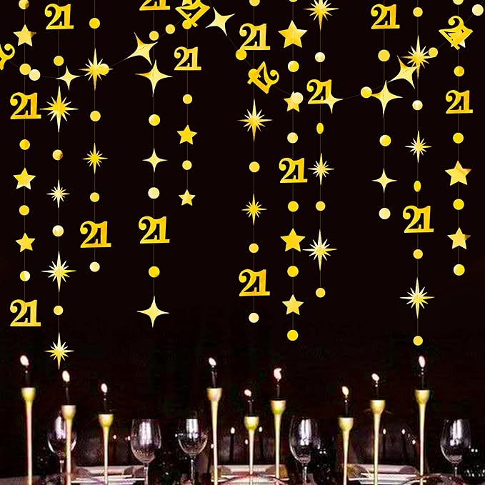 Gold 21st Birthday Decorations Number 21 Circle Dot Twinkle Star Garland Metallic Hanging Streamer Banner Backdrop for Girls Boys Cheers to 21 Years Finally Legal Bday 21st Anniversary Party Supplies
