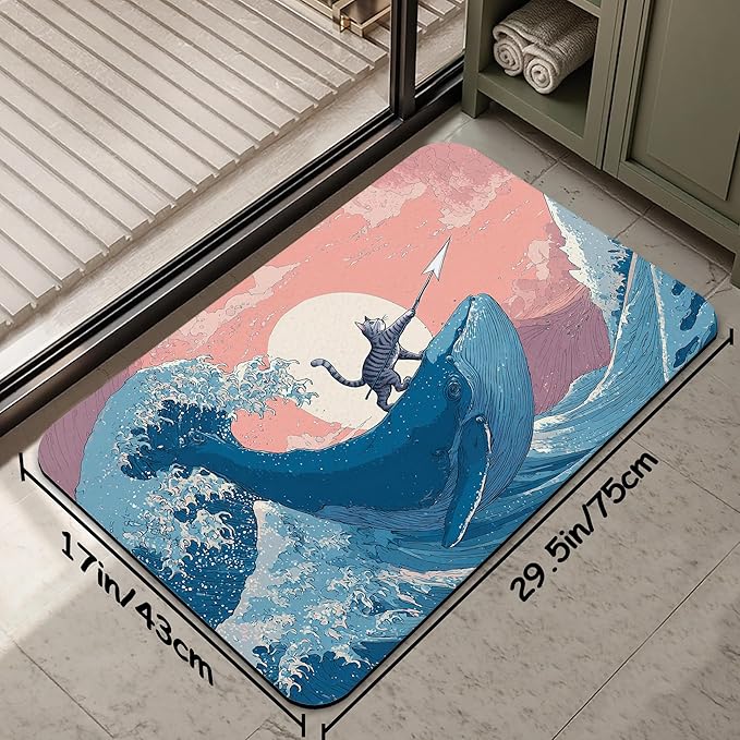 Japanese Cat Bathroom Rug 29.5"x17", Waves Bath Mat with Non-Slip Rubber Backing, Quick-Drying Absorbent Thin Floor Mat for Bathroom, Shower, Sink, or Kitchen