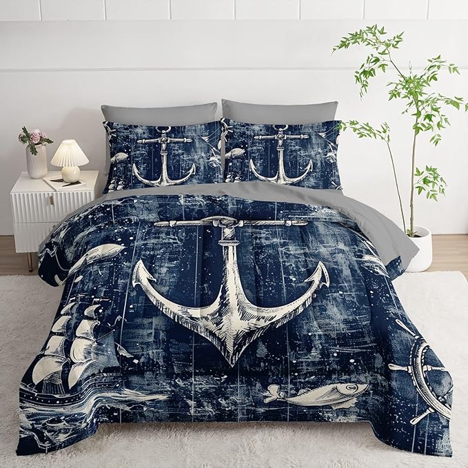 7Pcs Nautical Anchor Comforter Set Ocean Sailboat Printed Bedding Set with 1 Comforter, 1 Flat Sheet, 1 Fitted Sheet and 4 Pillowcases for Bedroom All Season(Anchor Queen)