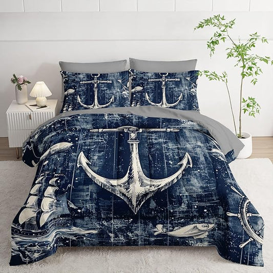 7Pcs Nautical Anchor Comforter Set Ocean Sailboat Printed Bedding Set with 1 Comforter, 1 Flat Sheet, 1 Fitted Sheet and 4 Pillowcases for Bedroom All Season(Anchor Twin)
