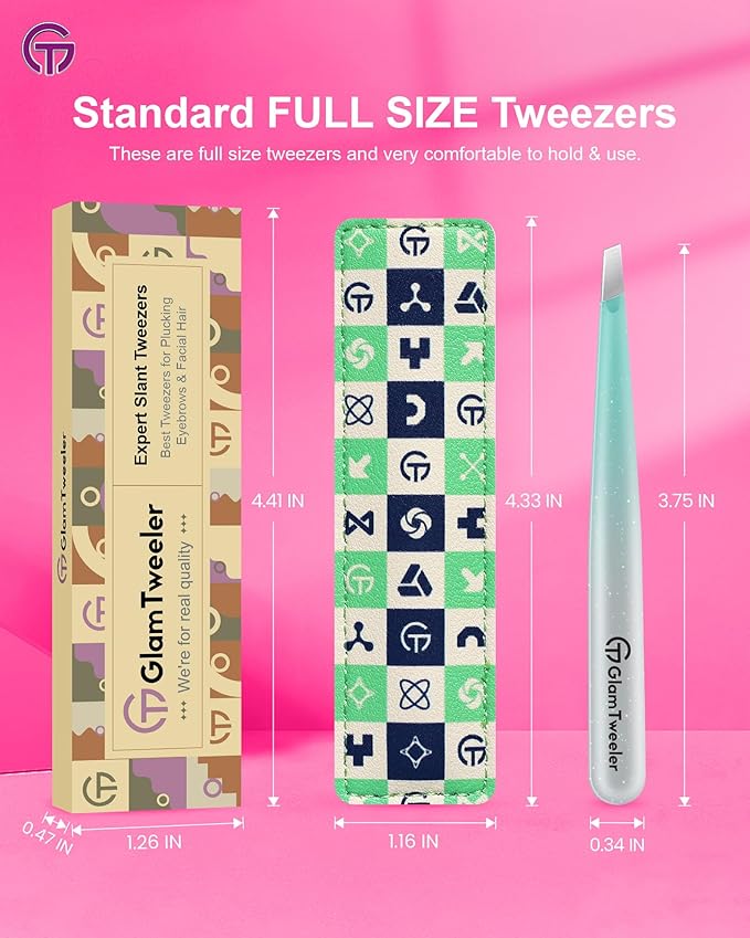 Expert Slant Tip Tweezers with Leather Case, GlamTweeler Sharp & Precision Stainless Steel Tweezer for Eyebrows, Facial Hair and Fine Hairs Removal (Sparkle Mint Green & Silver)