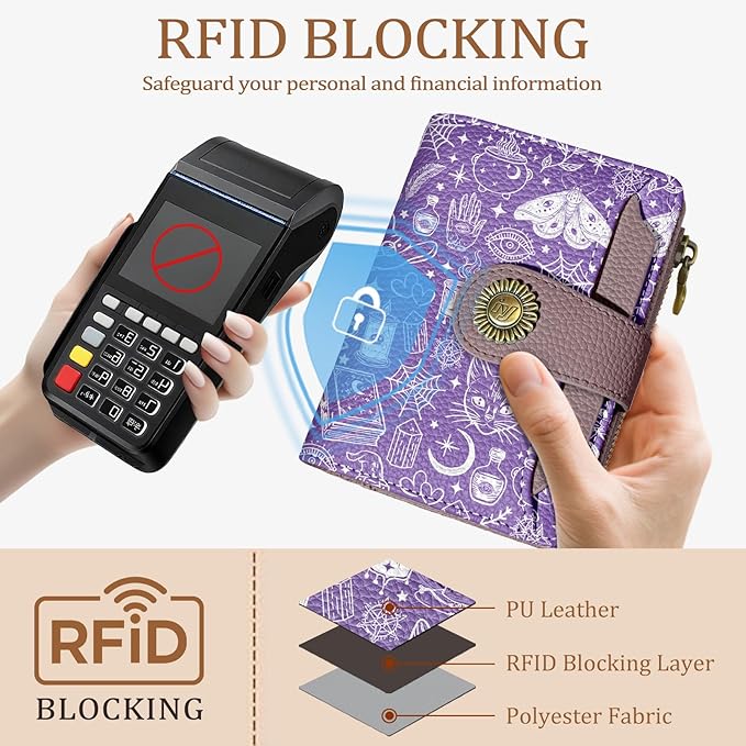 Goth Gothic Small Wallet Women RFID Blocking Bifold, Credit Card Holder, Zipper Coin Pocket, Witchy Magic, PU Leather, Compact, Travel, 4 ID Window, 14 Card Slots, Cash Purse, Ladies Woman