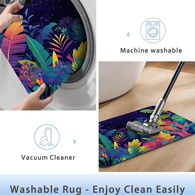 Tropical Colorful Leaves Bathroom Rug 29.5"x17", Super Absorbent Fast Drying Bath Mat with Non-Slip Rubber Backing, Thin Low-Profile Easy-Clean Bathroom Floor Mat for Shower or Tub
