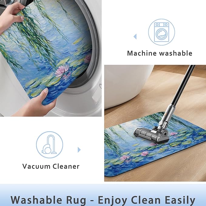 Bathroom Rug 29.5"x17", Claude Monet Water Lilies Bath Mat with Non-Slip Rubber Backing, Quick-Drying Absorbent Thin Floor Mat for Bathroom, Shower, Sink, or Kitchen
