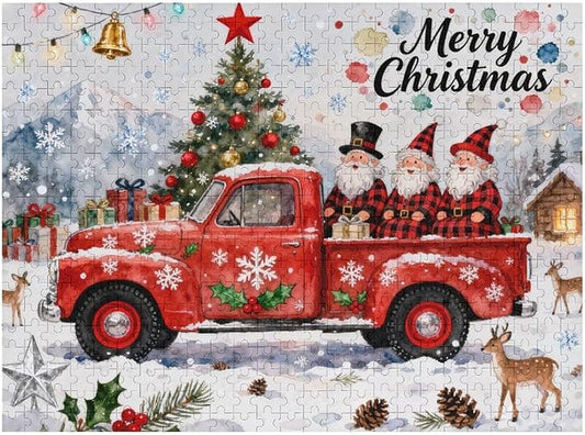 Merry Christmas-Red Car Gnomes 500-Piece Wooden Jigsaw Puzzle, Holiday Cheer Puzzle, Red Car Gnomes Scene, Indoor Entertainment, Family Fun, Stress-Relief Puzzle