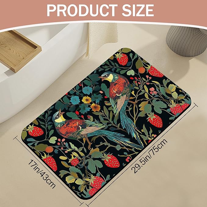 Bath Mat,Strawberry Bird Bathroom Rugs,Quick-Drying Non-Slip Rubber Bath Mats Flower Leaf Absorbent Diatomaceous Earth Mat for Bathroom Home Decor 17"x29.5"