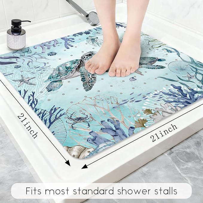 Bathtub Mat Non Slip, Turtle Square Bath tub Mat Shower Floor Mat with Suction Cups for Adults Kids Elderly 21 X 21 Inch