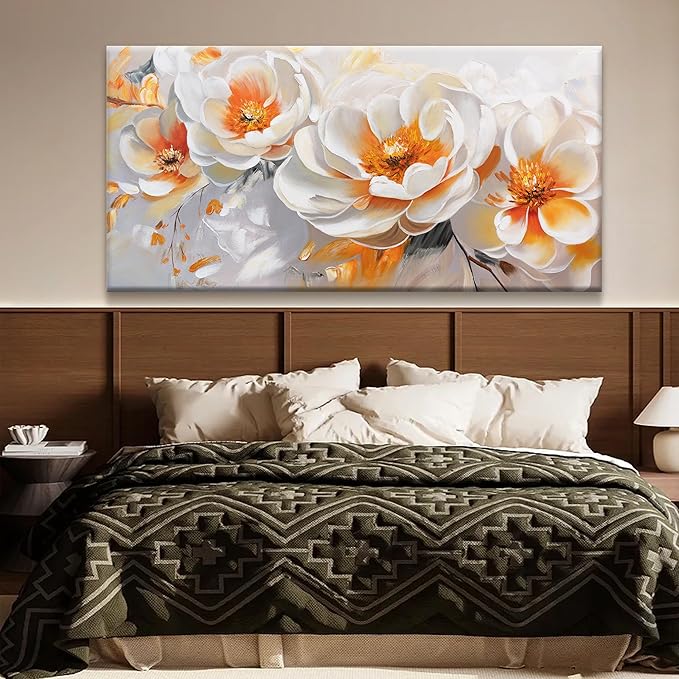 Suconvng Large Wall Art For Living Room Floral Wall Artwork Modern Canvas Art Wall Decor 29" X 58" Painting Orange White Flower Wall Art For Bedroom Home Office Dining Room Home Decoration