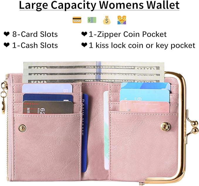 Wallet Women Small RFID Blocking Bifold Leather Wallets for Women Vintage Coin Purse With Zipper and Kiss Lock