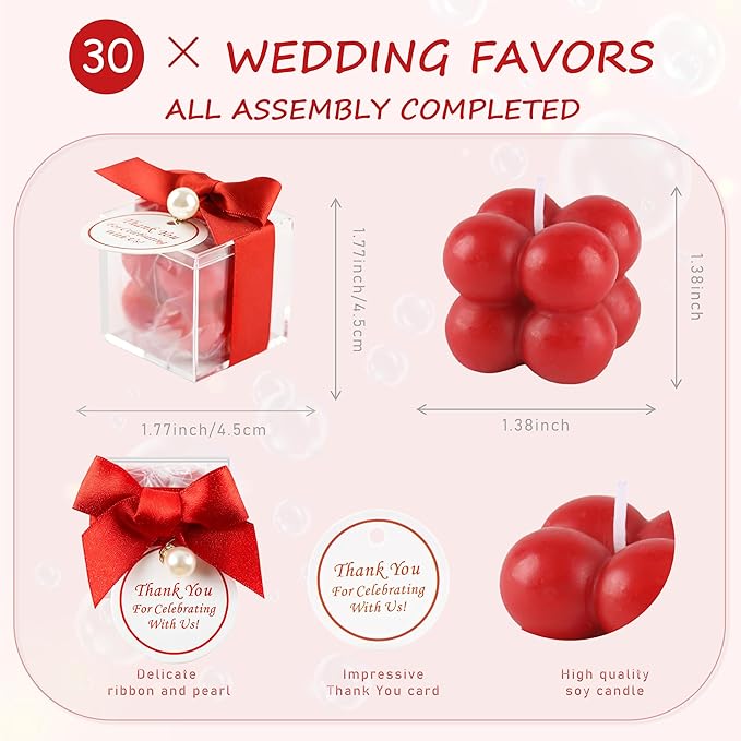 ACITHGL 30 Sets Small Bubble Candle Wedding Candles Favors for Guests Bulk Bridal Shower Favors Candles with Stylish Ribbons Thank You Cards Gifts (Shimmering Red)