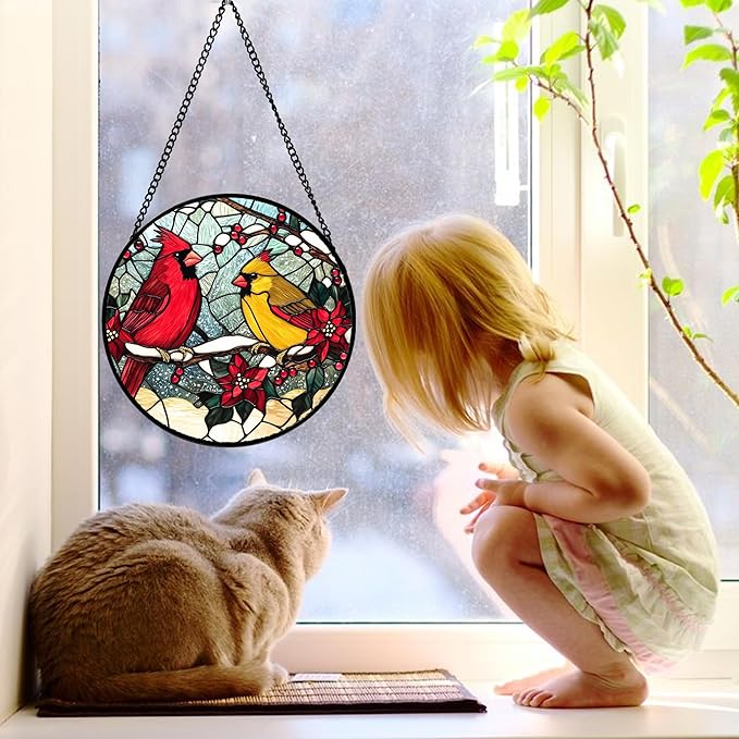 Stained Glass Window Hanging, Love Birds Cardinals Sun Catchers Colorful Glass Panel Birds Suncatcher Decor for Birthday for Women, Men, Wife, Lovers, and Mom 7.8 in