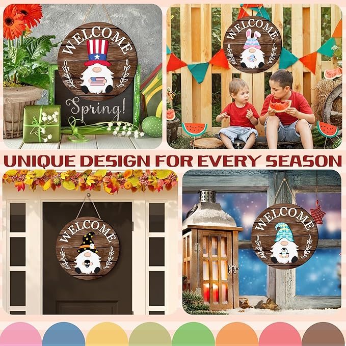 Seasonal Gnome Wall Decor Set, 11.8 inch Autumn Wooden Round Sign with Interchangeable Holiday Hats, Halloween Welcome Door Hanging (Brown-3)