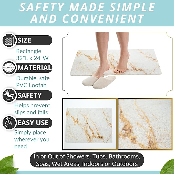 Enkosi Loofah Non-Slip Shower Mat - Shower Floors, Bathtub, Bathrooms, Wet Areas - Cushioned Bath Mat with Drain Holes - Quick Dry PVC, Secure Safety Pad Without Suction Cups (32x24 Marble Gold)