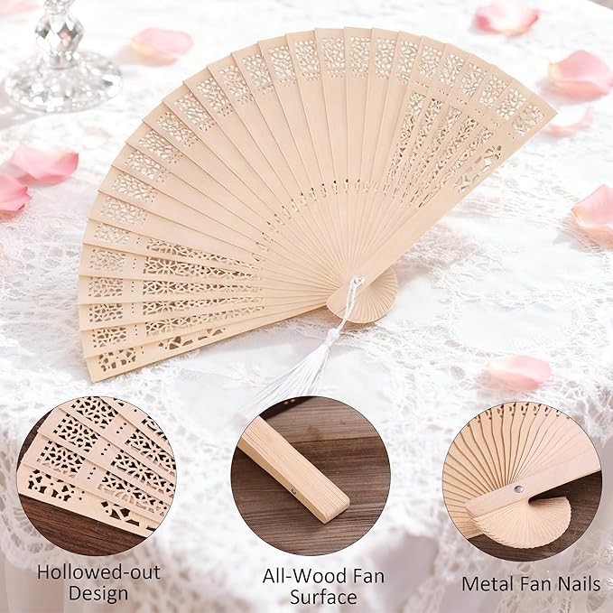 50 Pcs Wedding Fans Engraved Wooden Folding Hand Fans with Organza Bags, Wedding Party Favors for Guests, Bridal Shower & Summer Outdoor Ceremony (Style1,50)