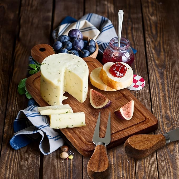 1 Set Bridal Baby Shower Cheese Prizes Wooden Square Board Gift Set Knives Forks Thank You Tags with Box for Guests for Valentines Bridal Baby Shower Housewarming (Carbonized Bamboo)
