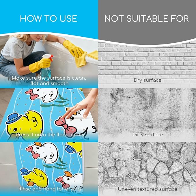 Baby Bath Mat for Tub, Non Slip Kids Bath Shower Mat, 40 X 16 Inch Large Bathtub Mat with Drain Holes and Suction Cups for Toddlers, Machine Washable and Waterproof (Duck)