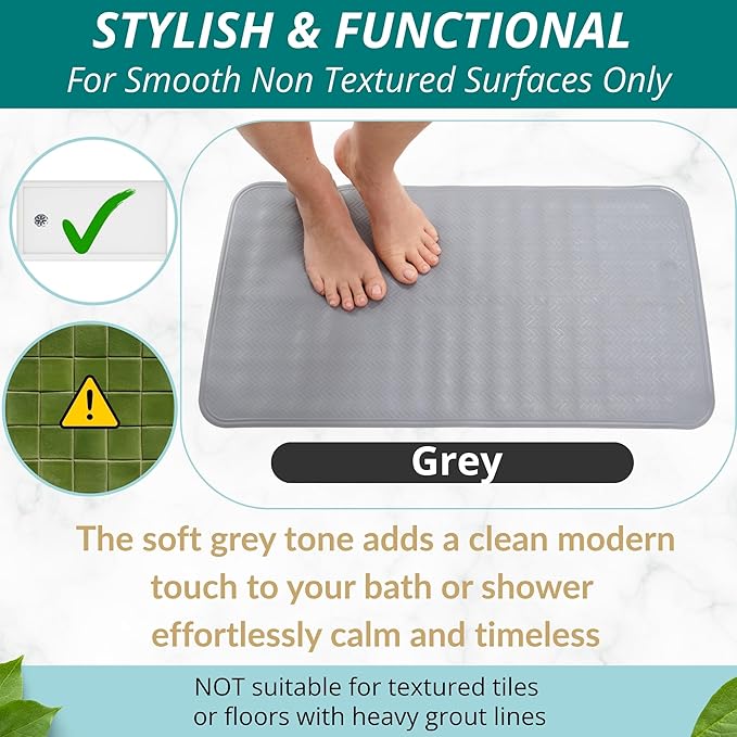 ENKOSI Non Slip Bath Mat for Tub and Shower Floors – Anti Slip Shower Mat with Secure Suction Cup Grip – Soft Grey Bathtub Mat for Inside Bath Tub and Smooth Bathroom Stalls (28x16 Gray)