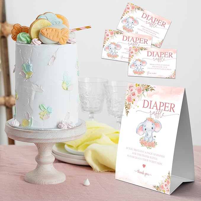 Floral Baby Shower Diaper Raffle Game Set - Pink Elephant 1 Standing Sign & 50 Diaper Raffel Tickets - Baby Announcement, Gender Reveal Party Activities & Decorations For Girls - A09